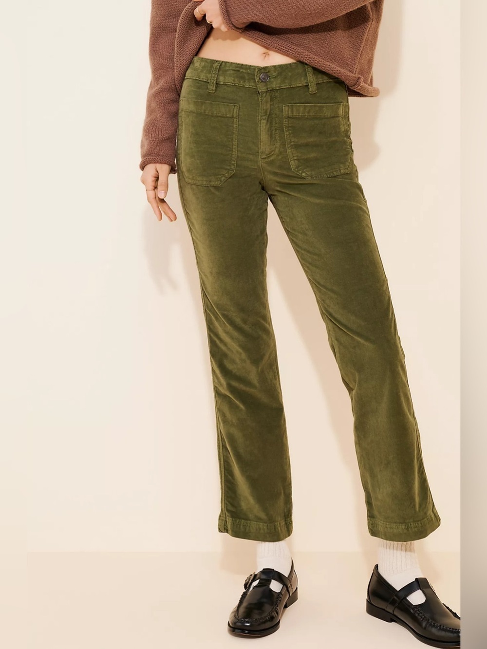NWT Free People High Time Velvet Kick Flare Pants Olive Green - Picture 3 of 12
